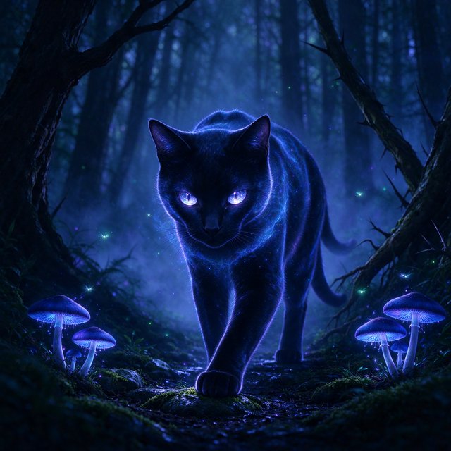 A sleek, obsidian cat with fur that seems to absorb all light, walks with quiet grace through a tranquil, mist-shrouded forest. Its eyes glow with an inner cosmic energy, reflecting distant nebulae. Ethereal fireflies drift around it, illuminating ancient, gnarled trees and glowing mushrooms. The style is deeply atmospheric, emphasizing soft focus and a palette of deep purples and blues. — Seedream 5.0 Flash