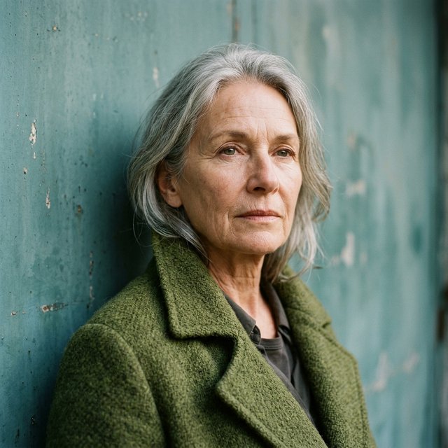 Beside a faded teal studio wall, a close-up fashion portrait frames an adult woman aged 68–76, her weathered skin softly detailed; she wears a moss-green wool coat and holds a calm, searching gaze in gentle side light. — Model 15