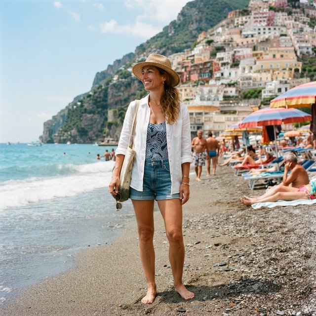 Authentic amateur photo of a beautiful adult woman standing at an Italian beach during vacation time. She wears appropriate clothing. It is noon. — Nano Banana 2 Lite