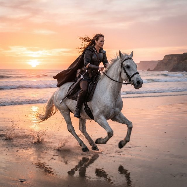 An adult female warrior on her white steed galloping along a fine-sand beach at sunset. — Nano Banana 2 Lite