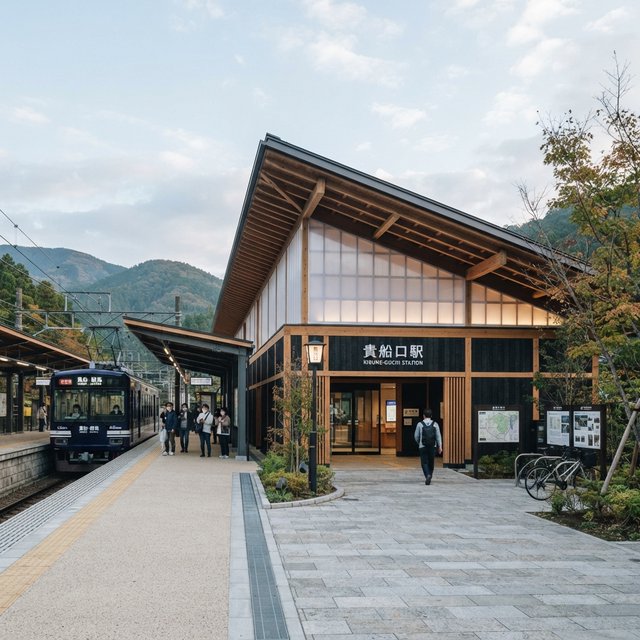 Contemporary Japanese timber train station, charred cedar cladding, pale concrete platform, broad pitched roof with exposed beams and translucent clerestories, cool morning light, viewed obliquely from the quiet approach plaza, precise straight lines and plausible structure. — Nano Banana 2 Lite