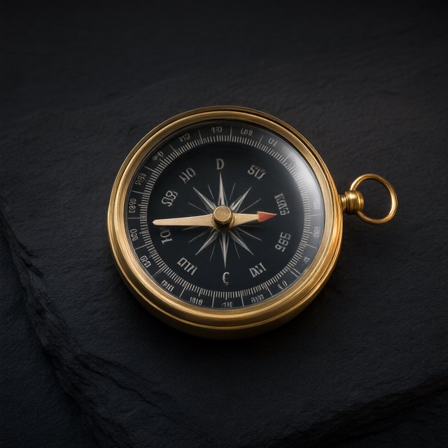 A compact brass pocket compass rests on black slate, its satin-metal casing and clear glass cover catching a broad diffused key and narrow warm rim light against a deep charcoal background; an unbranded commercial product image, blank face without lettering. — Qwen Image 3.0