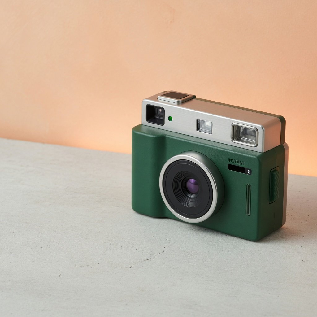 Commercial product photograph of an unbranded compact instant camera in matte forest-green polymer with brushed steel details, resting on a pale concrete surface against a warm peach background, illuminated by broad diffused studio light and a soft rim light. — Grok Imagine Image Quality