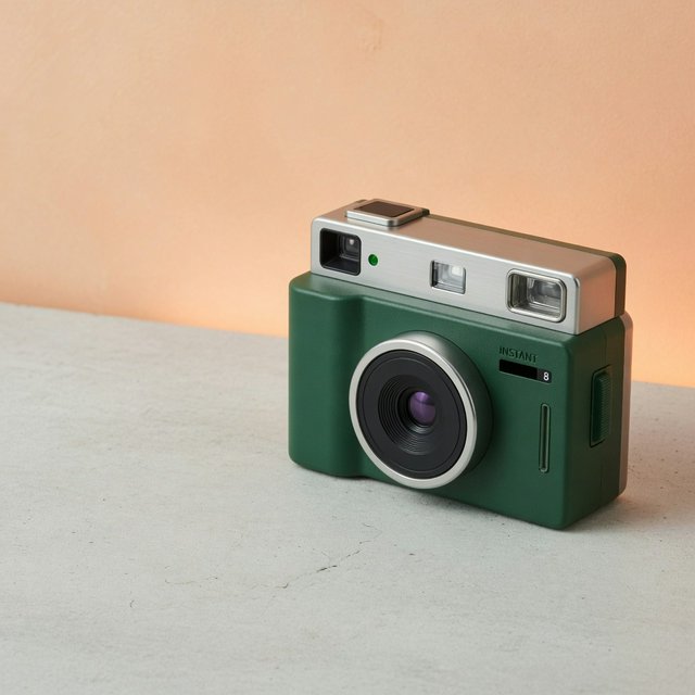 Commercial product photograph of an unbranded compact instant camera in matte forest-green polymer with brushed steel details, resting on a pale concrete surface against a warm peach background, illuminated by broad diffused studio light and a soft rim light. — Grok Imagine Image Quality