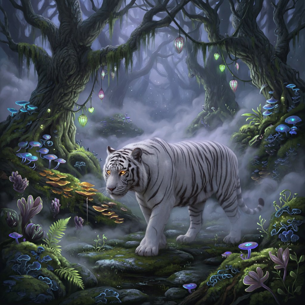 A majestic white tiger with eyes like molten gold, walking through a misty, ancient forest. Strange, bioluminescent flora casts an ethereal glow on the gnarled trees and moss-covered stones. The atmosphere is one of profound mystery and quiet solitude. Rendered in the style of detailed matte painting with a touch of dark fantasy concept art. — Grok Imagine Image Quality