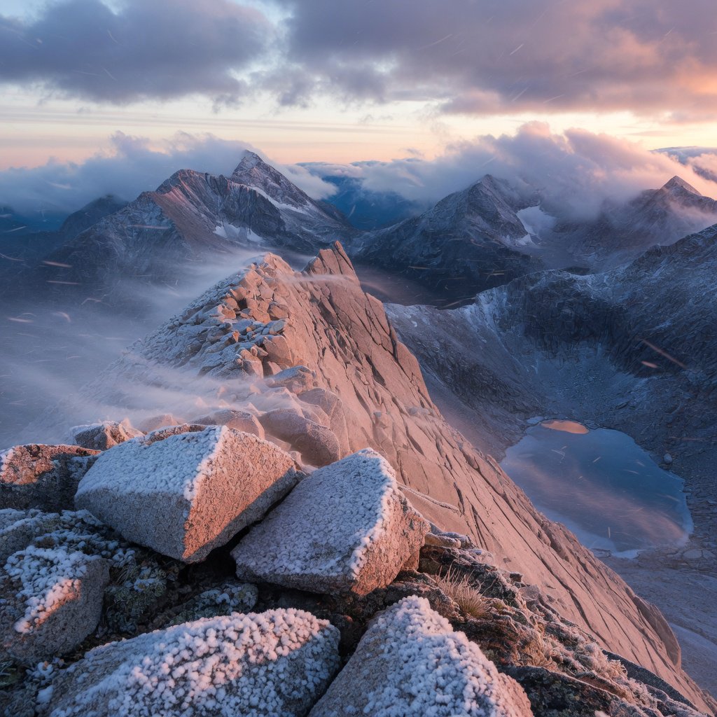 Wind combs a high granite ridge above a glacial cirque at sunrise, beneath clearing snow squalls; granular rime crusts foreground boulders while successive peaks dissolve into blue cloud shadow. — Grok Imagine Image Quality