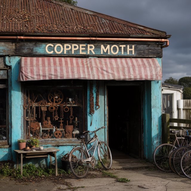 An old roadside bicycle workshop beneath a faded striped awning, rusted tools displayed in the window, with "COPPER MOTH" painted in cream block letters across the weathered wooden fascia, afternoon sunlight catching peeling turquoise paint. — Krea 2 Large