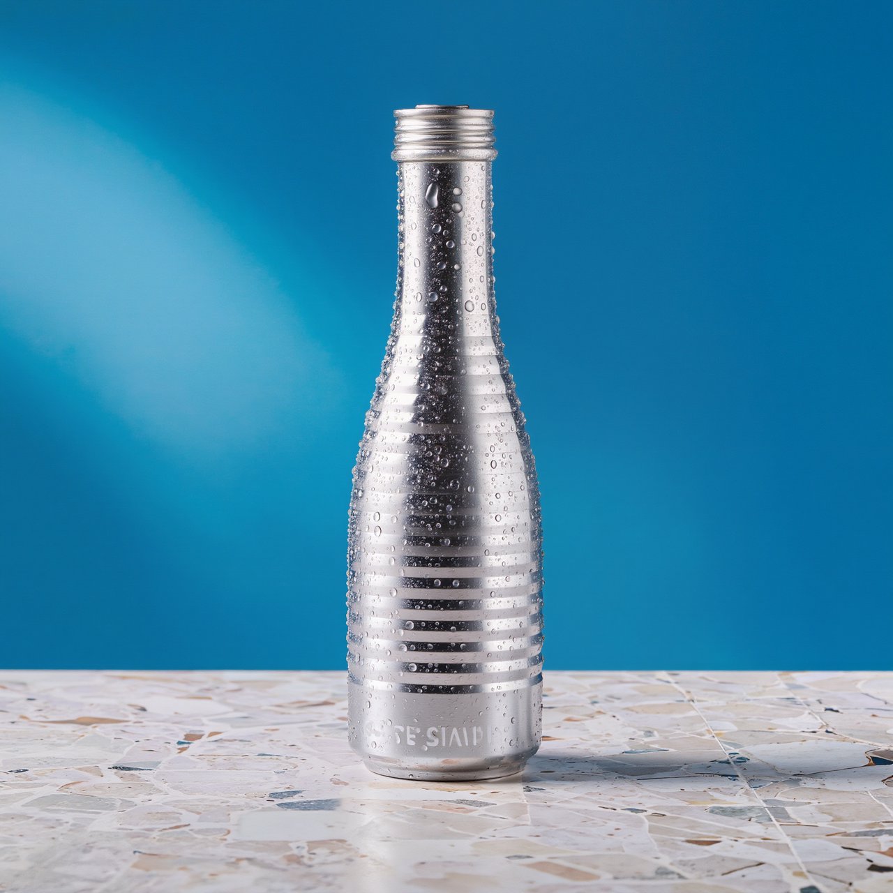 A slim, unbranded sparkling-water can of brushed aluminum, beaded with condensation, stands on a pale terrazzo surface against a seamless electric-blue background; broad overhead diffusion and a crisp side strip create clean highlights, with no lettering or graphics. — Kling v3