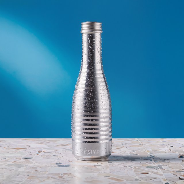 A slim, unbranded sparkling-water can of brushed aluminum, beaded with condensation, stands on a pale terrazzo surface against a seamless electric-blue background; broad overhead diffusion and a crisp side strip create clean highlights, with no lettering or graphics. — Kling v3