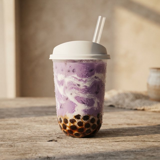 Photorealistic product shot of iced taro bubble tea in a clear frosted plastic cup, condensation beading down curved sides, wide clear straw piercing matte white domed lid. Plump dark brown tapioca pearls settled at the base, swirled creamy purple tea with soft marbled cream streaks, fine ice crystals glinting inside. Resting on weathered light oak table, soft golden hour side lighting casting gentle long shadows, warm neutral beige background. Shallow depth of field, sharp focus on glass texture and pearl details, professional food photography aesthetic, soft moody warm colour palette with rich lavender and caramel tones. — Nano Banana 2 Lite