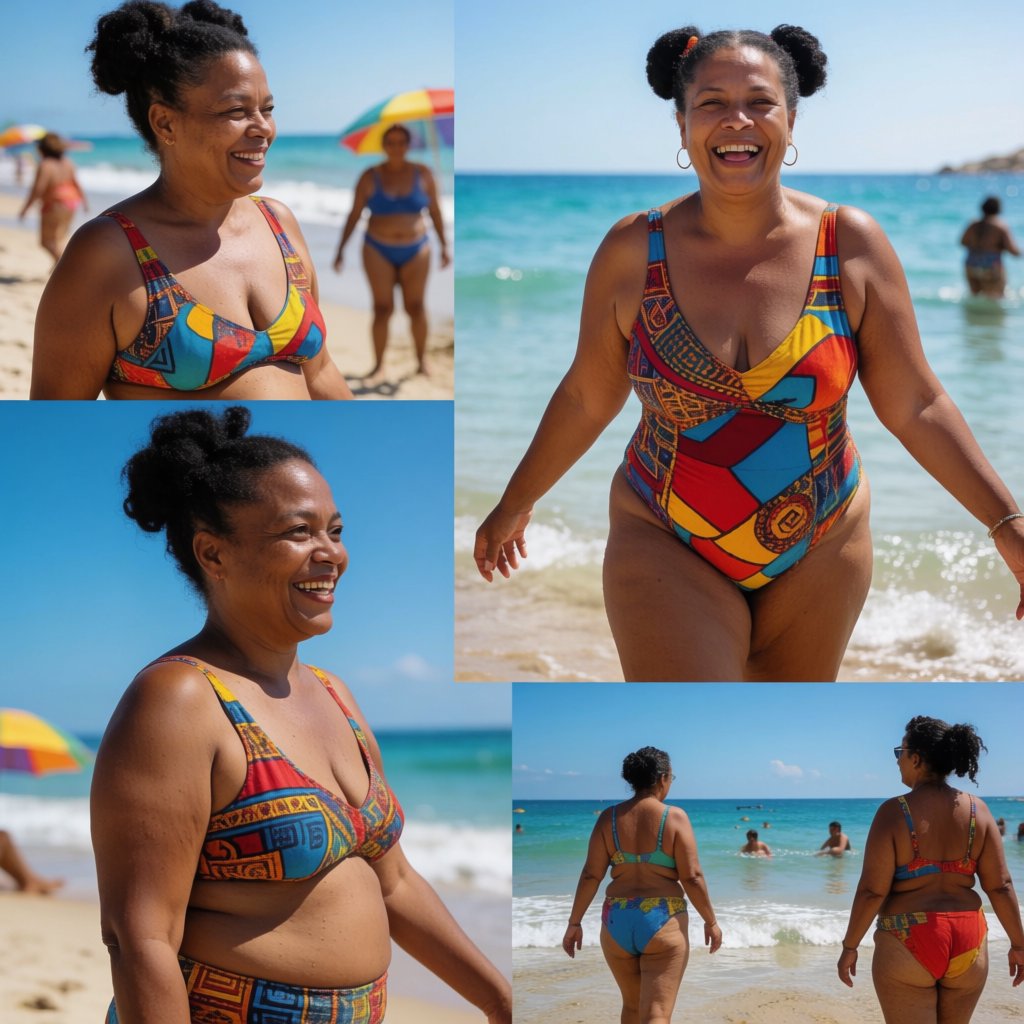 Photorealistic collage of at least four distinct beach scenes showing adult women from around the world having fun, with each scene presented from a different camera angle. — Krea 2 Medium