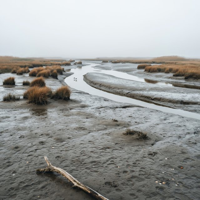 An expansive salt marsh at low tide under a pale overcast afternoon, winding channels reflecting silver sky between russet grasses, a weathered driftwood branch in the foreground, distant reeds and receding mud ridges revealing layered depth and wet natural texture. — Ideogram v4
