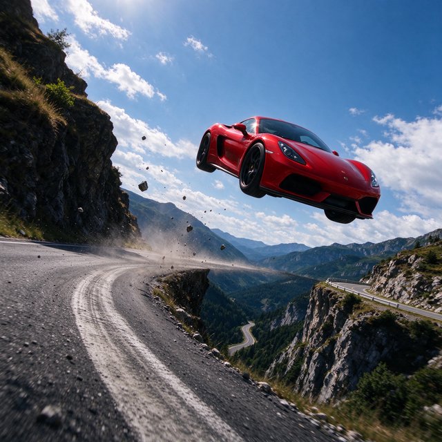 A sports car in a daredevil stunt has driven off a road from a high cliff, attempting to fly and land on the road on the next cliff. Beautiful mountainous background, sunny blue sky. Show motion, speed, and action. — Seedream 5.0 Flash