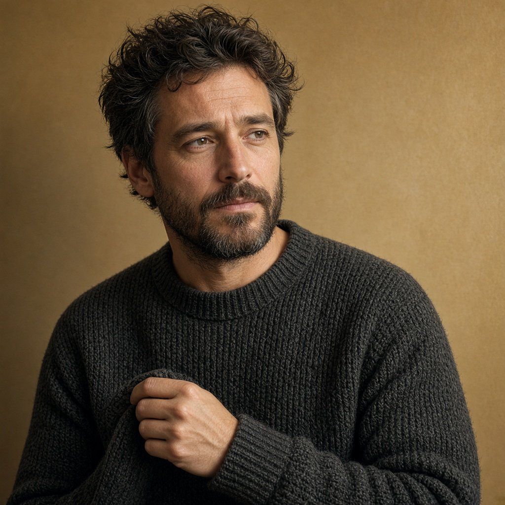 Editorial portrait of an adult man in his early 40s wearing a charcoal wool fisherman’s sweater, one hand loosely holding its ribbed cuff. His thoughtful, slightly tired expression rests against a muted ochre studio backdrop, shaped by gentle directional window light. — Grok Imagine Image 2