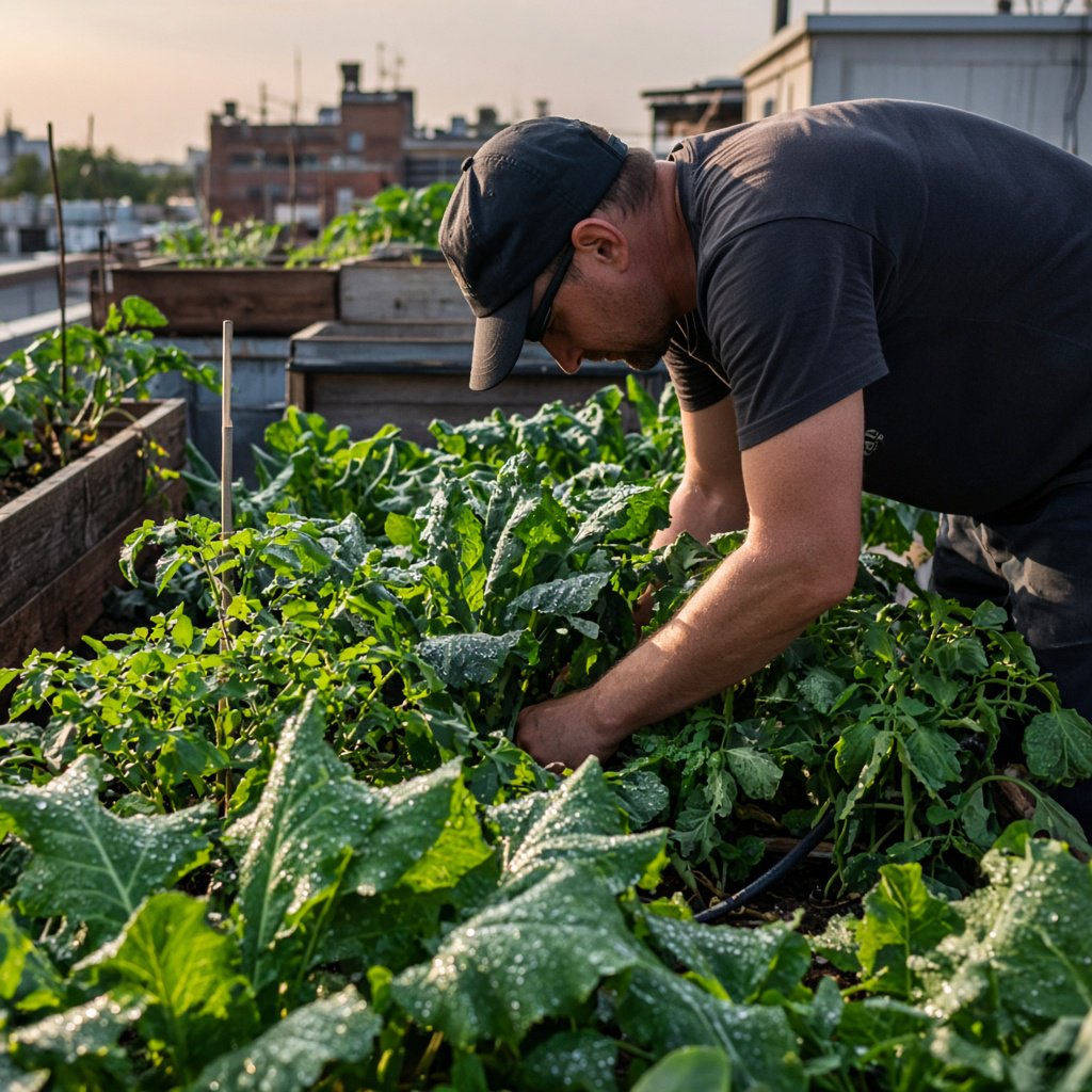 Candid documentary photograph of an adult tending a rooftop vegetable garden in the late afternoon, soft side light, 50mm lens with moderate depth of field, water droplets glinting on freshly watered leaves. — Grok Imagine Image 2