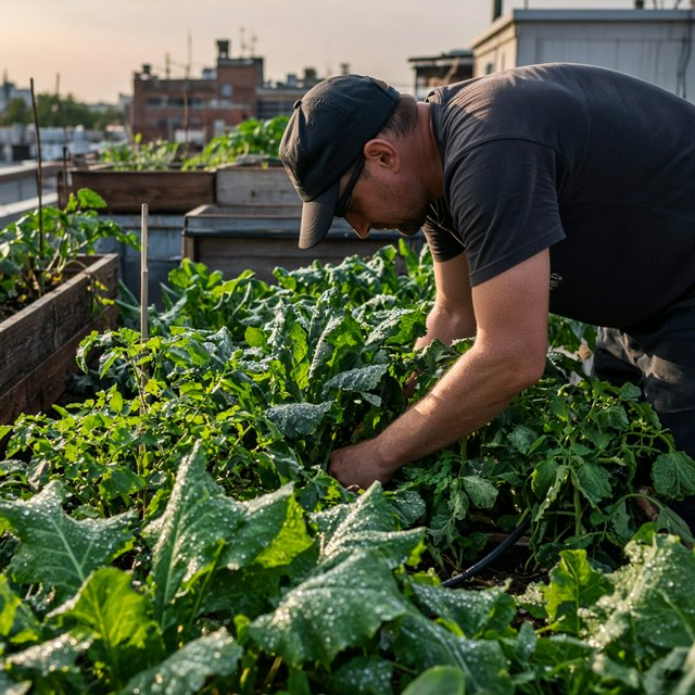 Candid documentary photograph of an adult tending a rooftop vegetable garden in the late afternoon, soft side light, 50mm lens with moderate depth of field, water droplets glinting on freshly watered leaves. — Grok Imagine Image 2