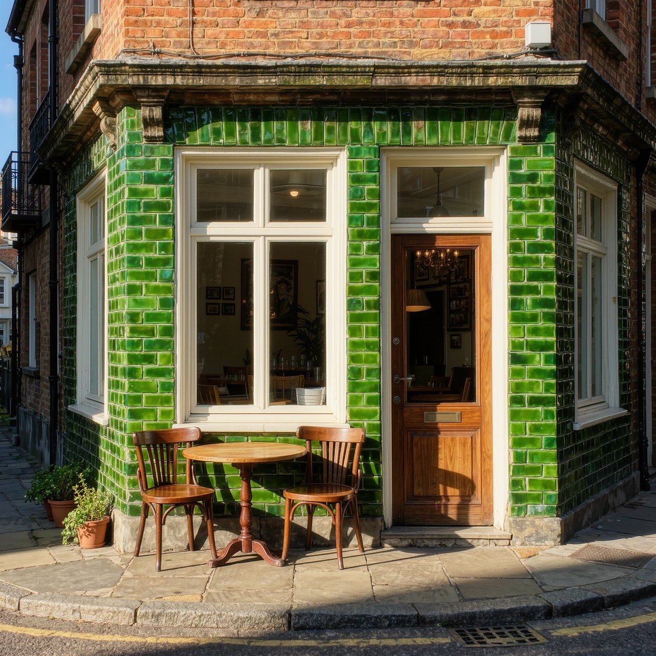 A tiny corner café in a narrow European street, green tiled facade, two bistro tables, morning light, no people. — Kling v3 Omni