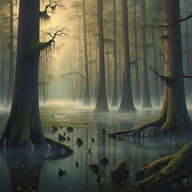 A cypress swamp at foggy sunrise after overnight drizzle, dark tea-colored water threading between moss-draped trunks; slick root knees and floating leaves lead toward pale trees disappearing into layered mist. — Midjourney Niji 7