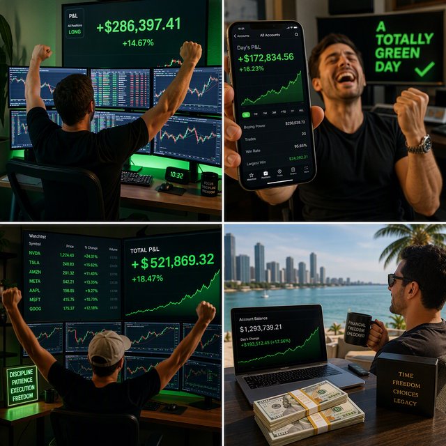 People making successful trades. A totally green day. Making a lot of money (life-changing money). At least 4 scenes. — GPT Image 2