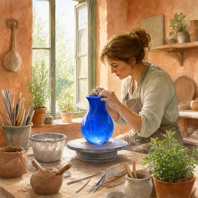 Watercolour illustration of an adult ceramicist shaping a luminous blue vessel beside an open workshop window, surrounded by clay tools, potted herbs, and sunlit terracotta walls. Palette of cobalt, ochre, sage, and cream, with soft flowing brushwork. — Qwen Image 3.0