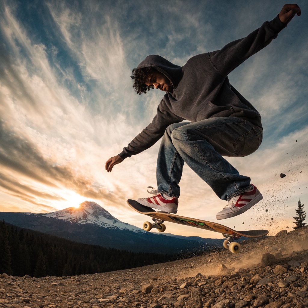 A man wearing a hoodie, jeans, and sneakers rides a skateboard that has taken off the ground. A low angle shows the man on the skateboard up in the air at high speed, with a snow-capped peak in the background beneath a setting sun in the evening sky. — Recraft v4
