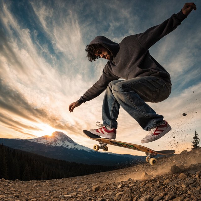 A man wearing a hoodie, jeans, and sneakers rides a skateboard that has taken off the ground. A low angle shows the man on the skateboard up in the air at high speed, with a snow-capped peak in the background beneath a setting sun in the evening sky. — Recraft v4
