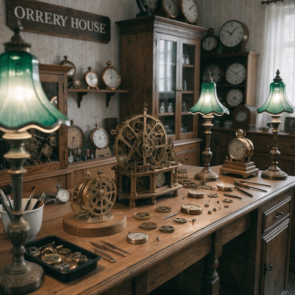Inside a quiet clockmaker’s workshop, brass gears and tiny tools gleam beneath green-shaded lamps; "ORRERY HOUSE" is engraved in crisp serif letters on a dark walnut sign above the repair counter. — Recraft v4