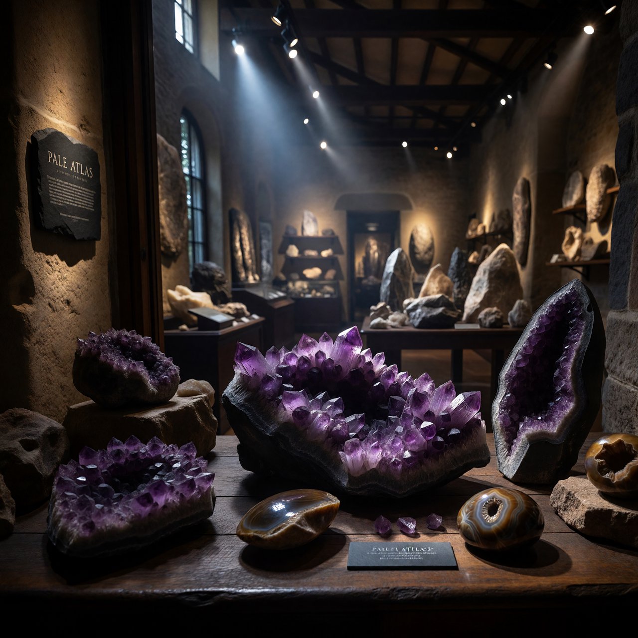 Within a quiet mineral gallery, amethyst clusters and polished geodes catch pools of light; "PALE ATLAS" is carved in clean capitals across a slate plaque beside the entrance. — ImagineArt 1.5 Pro