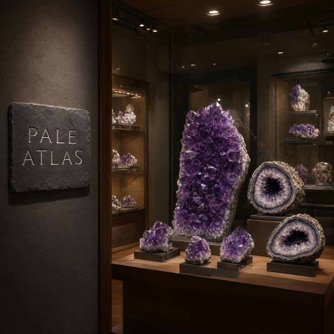 Within a quiet mineral gallery, amethyst clusters and polished geodes catch pools of light; "PALE ATLAS" is carved in clean capitals across a slate plaque beside the entrance. — Qwen Image 3.0 Pro