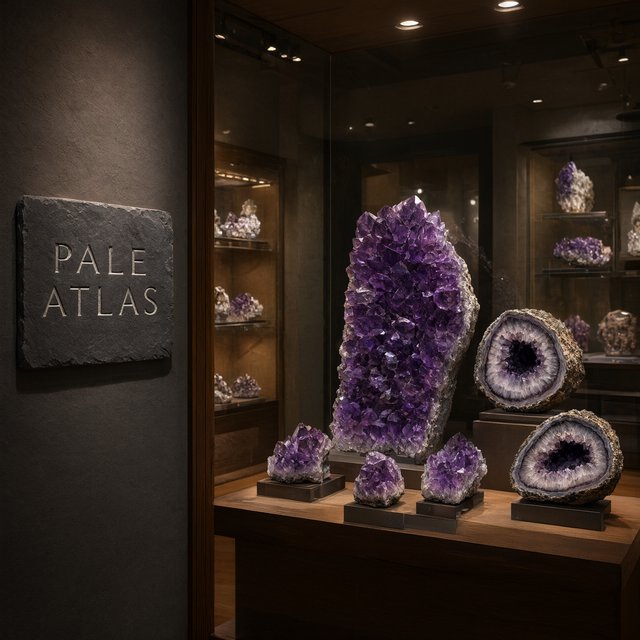 Within a quiet mineral gallery, amethyst clusters and polished geodes catch pools of light; "PALE ATLAS" is carved in clean capitals across a slate plaque beside the entrance. — Qwen Image 3.0 Pro