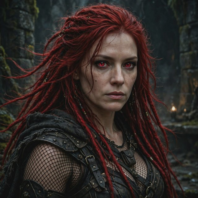 Fishnet grimdark fantasy. A suitable-for-TV-PG adult underworld agent with long crimson-red dreadlocked hair with flowing locks, ruby-red crystalline eyes, real skin pores, photographic rendering, and real material textures. No text. — Muse Image 1.0
