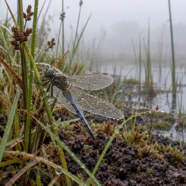 On a peaty marsh edge, a dragonfly rests among sedges after a light morning shower; dew beads on its veined wings and granular mud, while reed stems soften into pale fog behind it. — GPT Image 2.5 Flare