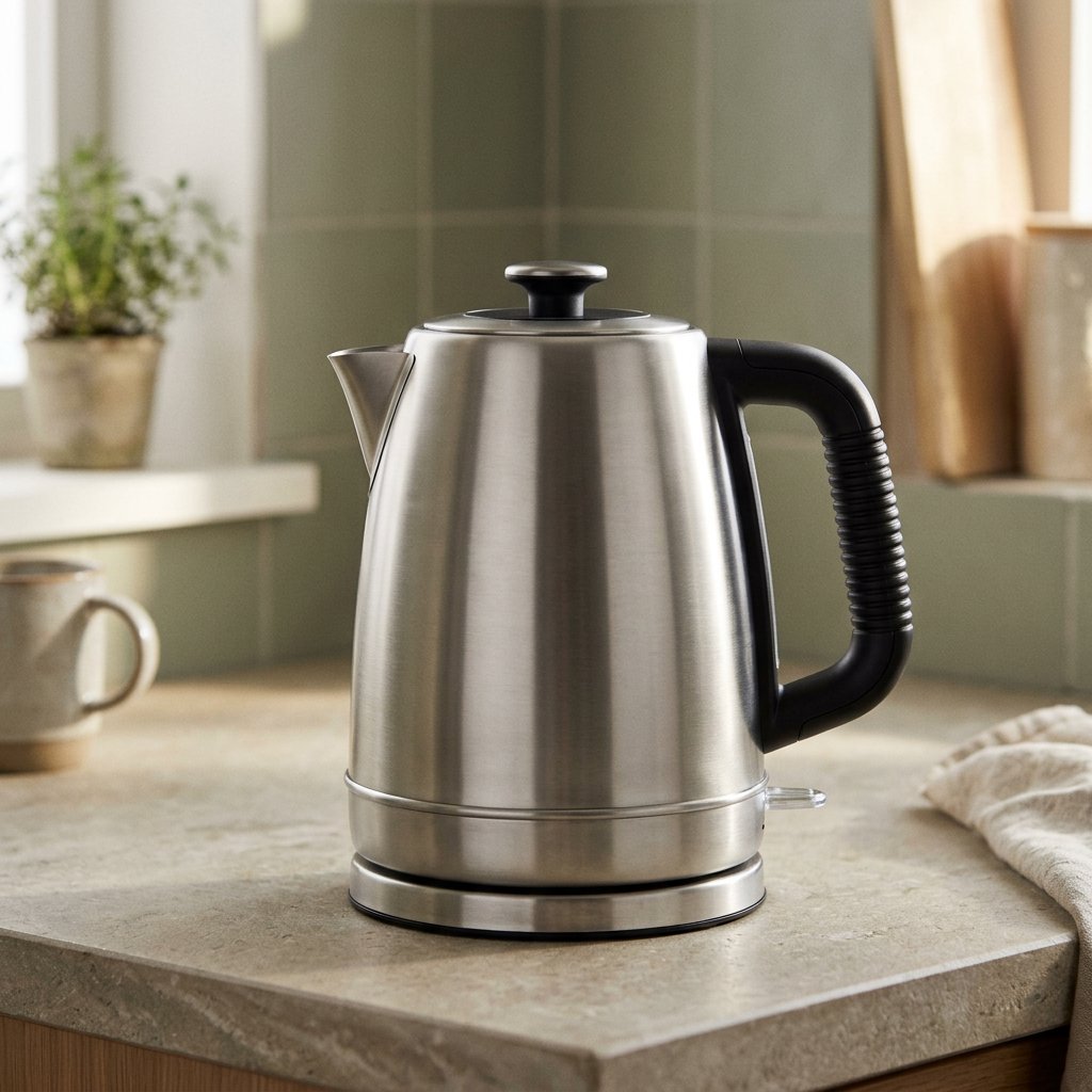 Morning daylight spills across a kitchen counter, revealing an unbranded electric kettle in satin stainless steel with a ribbed heat-resistant polymer handle. It sits on honed limestone against a muted sage backsplash, with window light and white bounce fill; commercial product image, no lettering. — Nano Banana 2.1