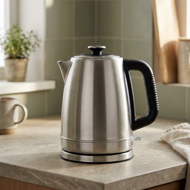 Morning daylight spills across a kitchen counter, revealing an unbranded electric kettle in satin stainless steel with a ribbed heat-resistant polymer handle. It sits on honed limestone against a muted sage backsplash, with window light and white bounce fill; commercial product image, no lettering. — Nano Banana 2.1