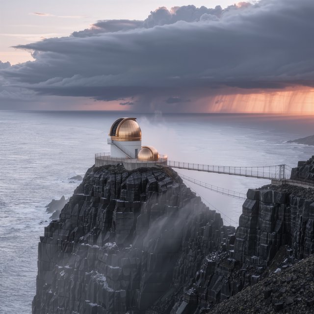 A wind-carved observatory crowns black cliffs above a silver inland sea, its open brass domes catching the last rose light. Salt mist drifts through suspended bridges as distant storms flicker beyond the horizon. — Kling v3 Omni