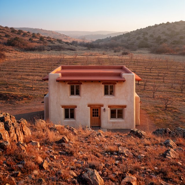 Beyond dry orchard rows, a Pueblo Revival adobe house settles into the desert foothills, with timber lintels and a muted clay roof; warm late-afternoon light, viewed from a rocky rise, reveals clean geometry and credible construction. — Krea 2 Large
