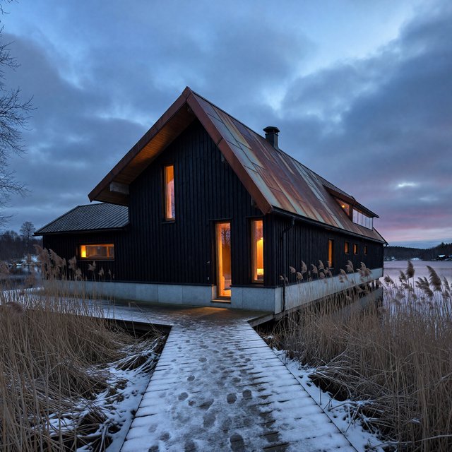 Exterior of a Scandinavian modernist lakeside sauna pavilion, blackened timber cladding, pale granite plinth, copper roof, winter blue-hour light glowing through narrow windows, viewed from a snowy reed-lined path, straight structural geometry and plausible construction. — ImagineArt 1.5 Pro
