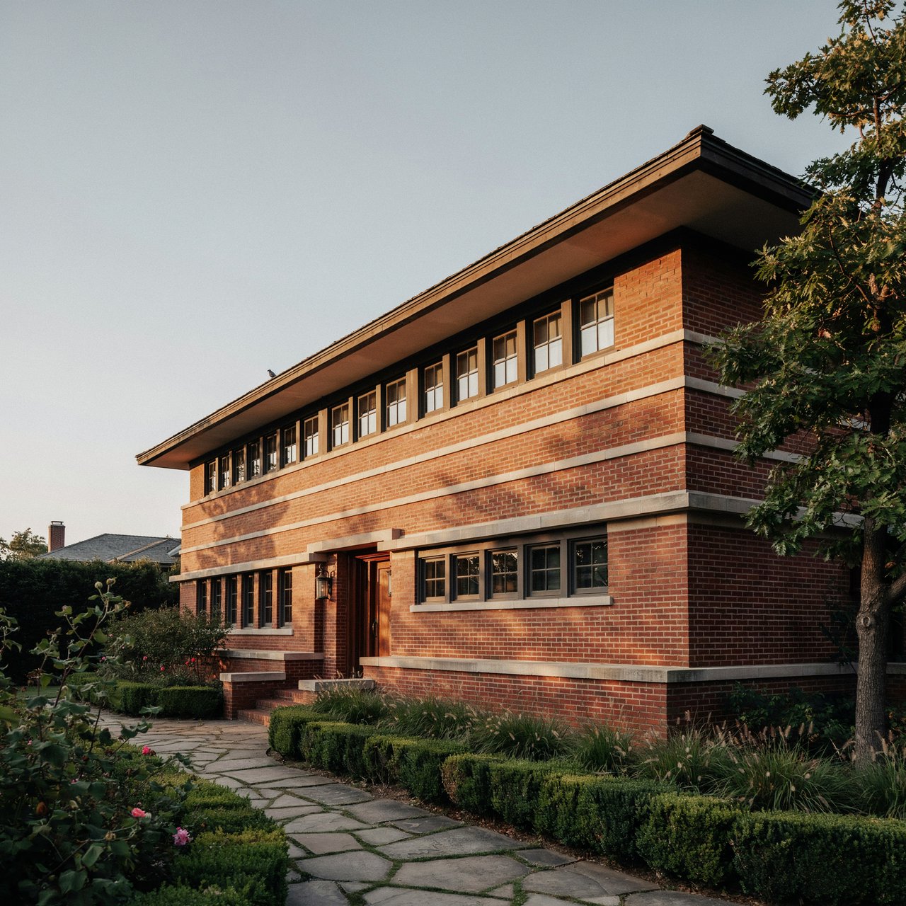 Exterior of a Prairie School residence with broad overhanging eaves, warm brick, limestone courses, and ribbon windows; amber evening light grazes the facade, viewed obliquely from a garden path, with disciplined horizontal lines and credible structure. — Ideogram v4