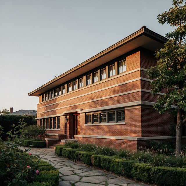 Exterior of a Prairie School residence with broad overhanging eaves, warm brick, limestone courses, and ribbon windows; amber evening light grazes the facade, viewed obliquely from a garden path, with disciplined horizontal lines and credible structure. — Ideogram v4
