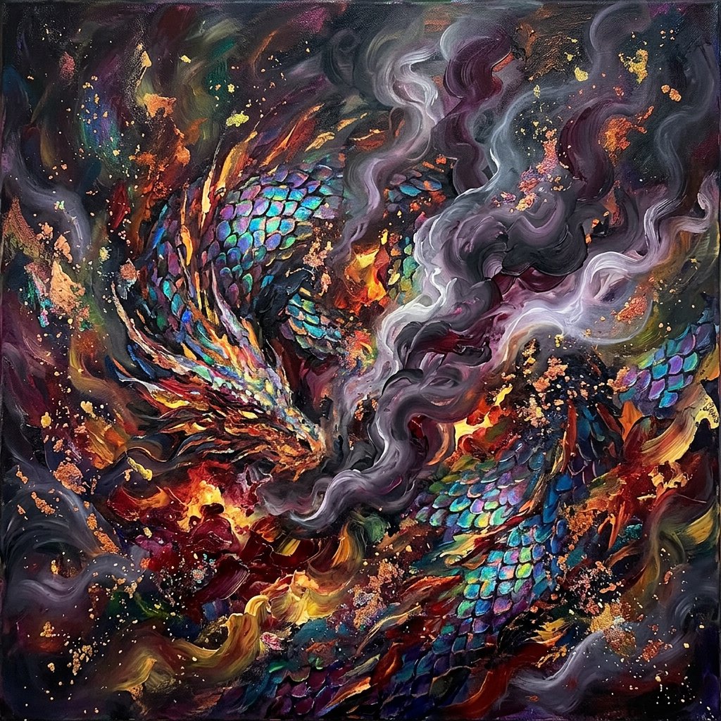 An abstract tapestry woven from the dreams of a sleeping dragon, depicted as a chaotic yet beautiful explosion of iridescent scales, fiery embers, and swirling smoke. The composition is dynamic and energetic, with bold brushstrokes and a rich, textured surface. The style is abstract expressionism, capturing the raw, untamed essence of draconic power. — Nano Banana 2.1