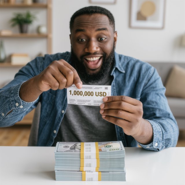 A realistic scene of a random adult person, either Black, white, or Asian, scratching a scratch ticket and discovering that they have won one million dollars. — Kling v3 Omni
