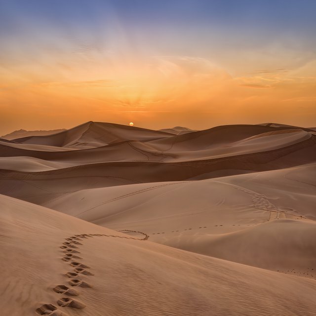 Sand dunes at sunset with wind-blown ridges, one set of footprints, deep blue sky fading to orange. — Kling v3