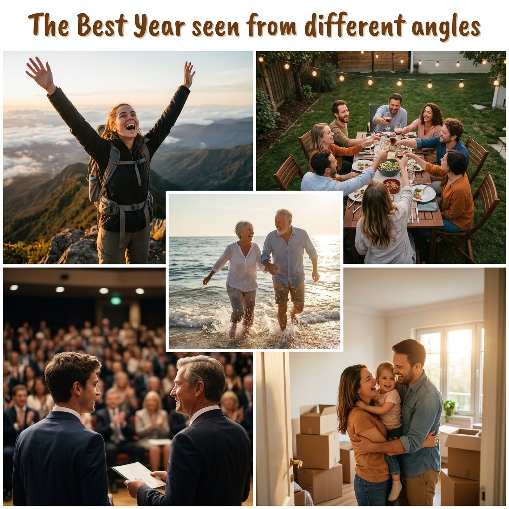 A realistic image where the theme is all about people having the best year ever. 4–6 moments seen from different angles. At the top it says, "The Best Year seen from different angles". — Nano Banana 2.1