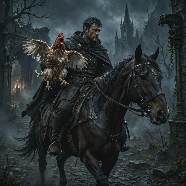 A man riding a horse, holding a screaming chicken, in dark gothic fantasy. — Model 14