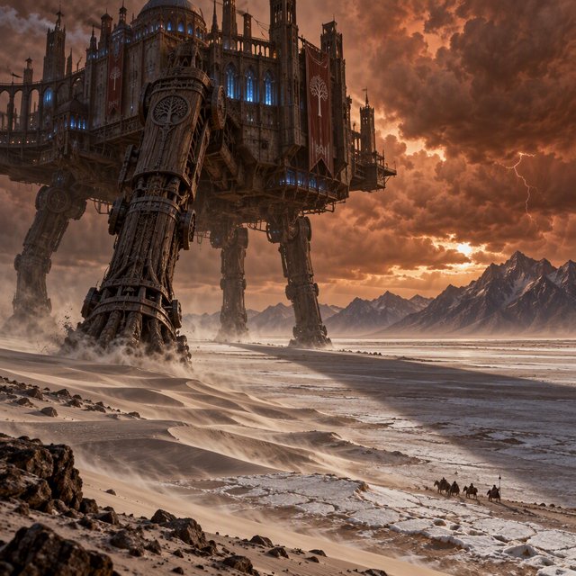 A colossal walking citadel crosses a salt desert, its ironwood legs striding through windblown dunes beneath a copper storm. Blue furnace light leaks from carved windows, casting a long shadow toward distant mountains. — GPT Image 2.5 Sunburst