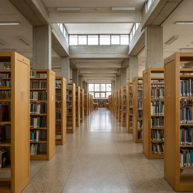Interior of a mid-century modernist public library, with pale oak shelving, exposed concrete columns, terrazzo flooring, and a broad clerestory. Diffuse morning light crosses the reading hall, viewed from the entrance down its central aisle, with precise lines and plausible structure. — Qwen Image 3.0