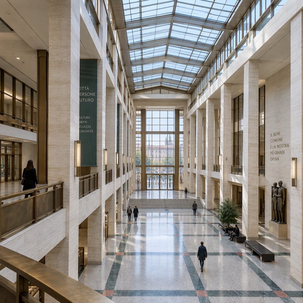 A soaring civic atrium in contemporary Italian Rationalist style pairs pale travertine, bronze mullions, and terrazzo beneath a glazed roof; cool morning light falls from above, viewed from a mezzanine, with aligned bays and credible supports. — GPT Image 2.5 Flare