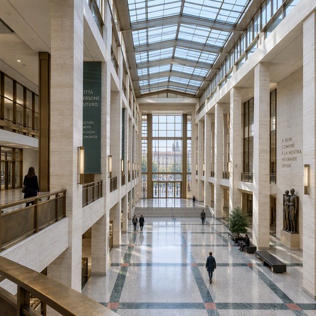 A soaring civic atrium in contemporary Italian Rationalist style pairs pale travertine, bronze mullions, and terrazzo beneath a glazed roof; cool morning light falls from above, viewed from a mezzanine, with aligned bays and credible supports. — GPT Image 2.5 Flare