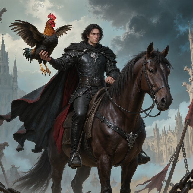 A man riding a horse, holding a screaming chicken, in dark gothic fantasy. — Model 10