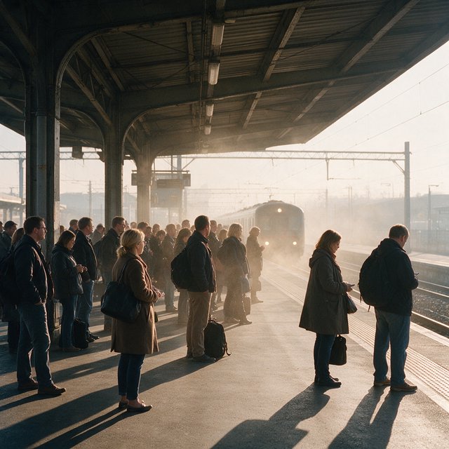 Across a broad station platform, adult commuters wait in loose clusters as a train approaches through pale dawn haze. A real-world press photograph uses a 135mm lens and deep focus; fine brake dust hangs in the sunlit air. — Seedream 5.0 Pro